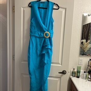 Zara Blue Sheath Dress with Plunge Neckline and Ruffled Wrap